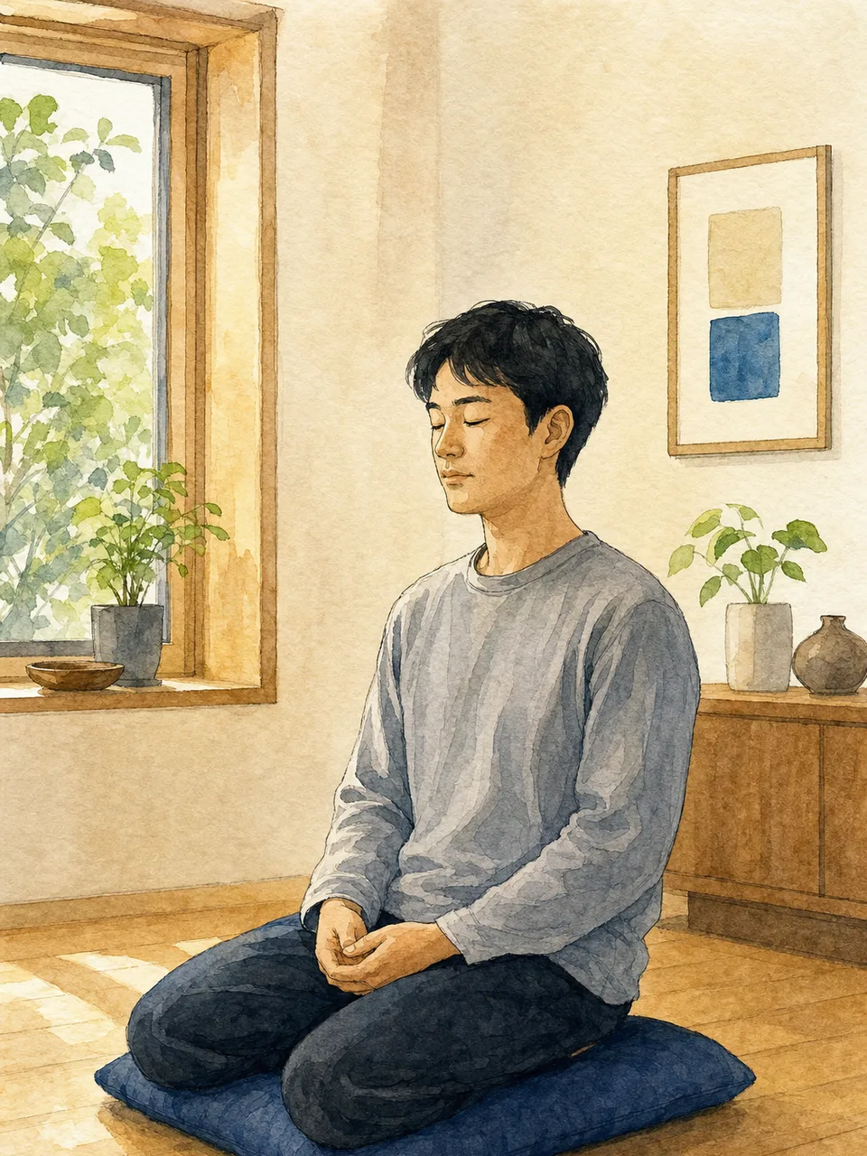 自宅で静かに呼吸を整える日本人（手描き水彩）。マインドフルネス、瞑想、呼吸、リラックスの記事や案内に使える商用素材です。
