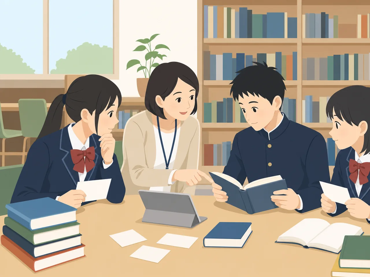 図書館で調べ学習をする日本人学生（フラットイラスト）。調べ学習、図書館教育、情報検索、学校図書館の記事や案内に使える商用素材です。
