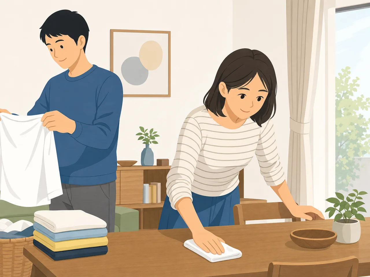 家事を分担する日本人カップル（フラットイラスト）。複数の家事を分担、カップルの家事、家事分担、共働きの記事や案内に使える商用素材です。