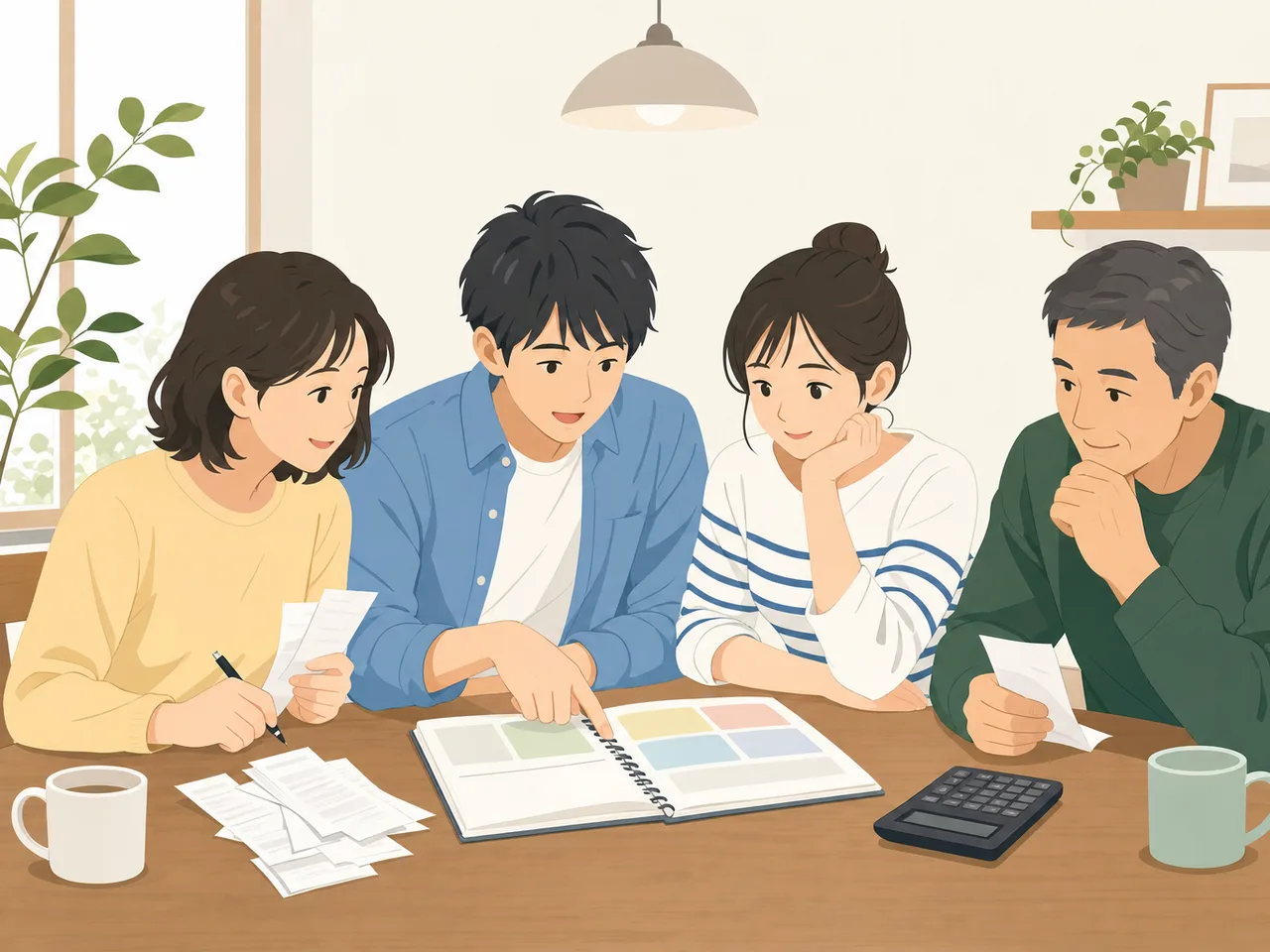 家計管理をする日本人家族（フラットイラスト）。家計管理、家計簿、生活費、家族の話し合いの記事向け素材です。