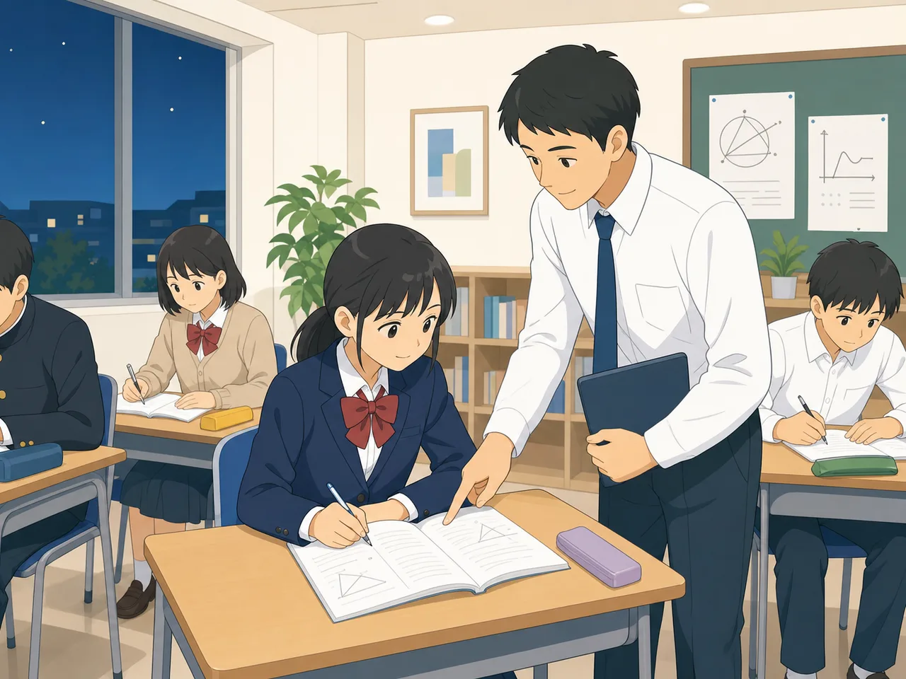 学習塾で勉強する日本の学生（フラットイラスト）。塾、受験、学習支援、教育サービスに使える夜の学習場面です。