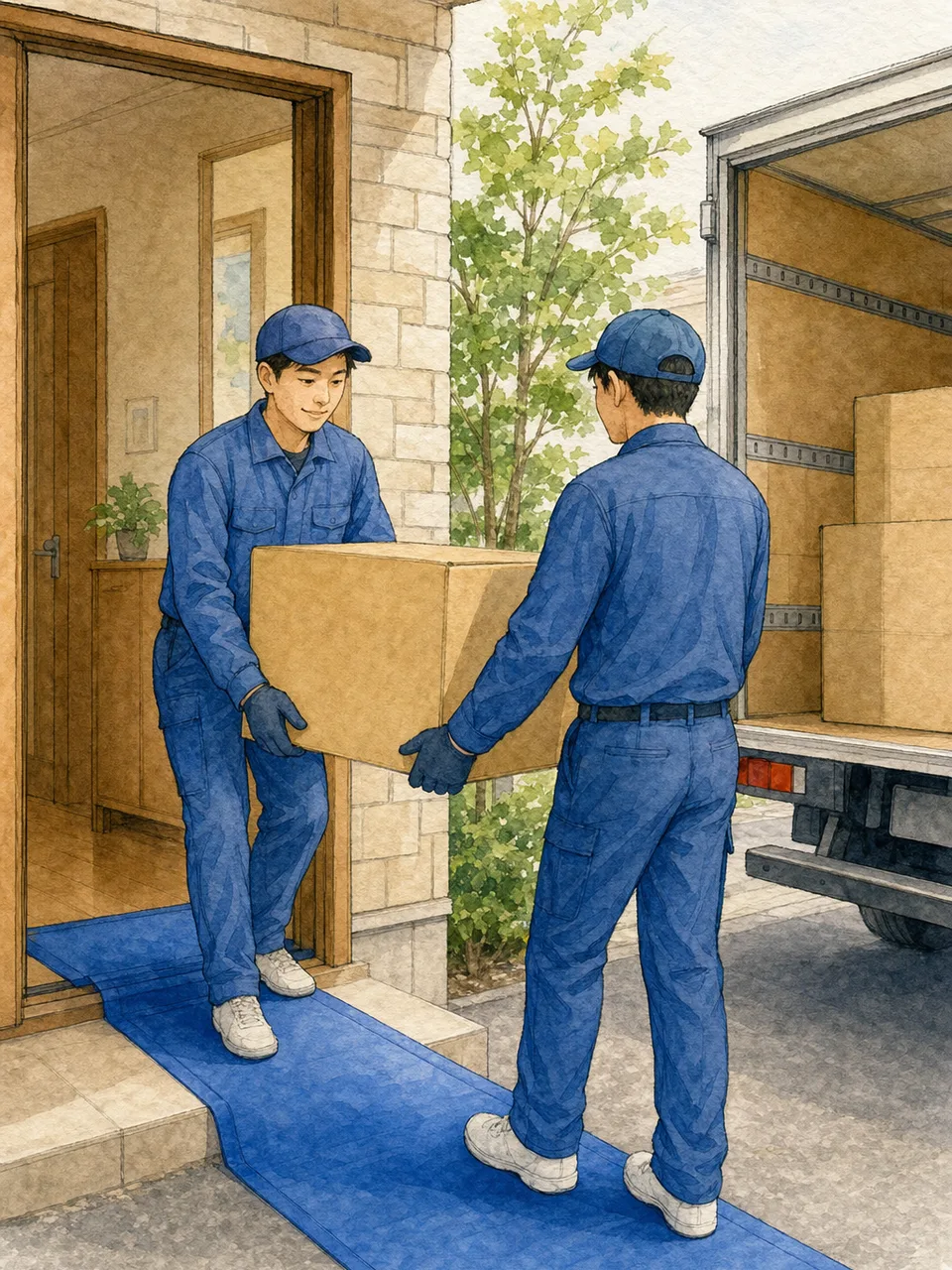 引越しを支える日本人作業員（手描き水彩）。引越し業者、運搬、新生活、住み替えの記事向け素材です。