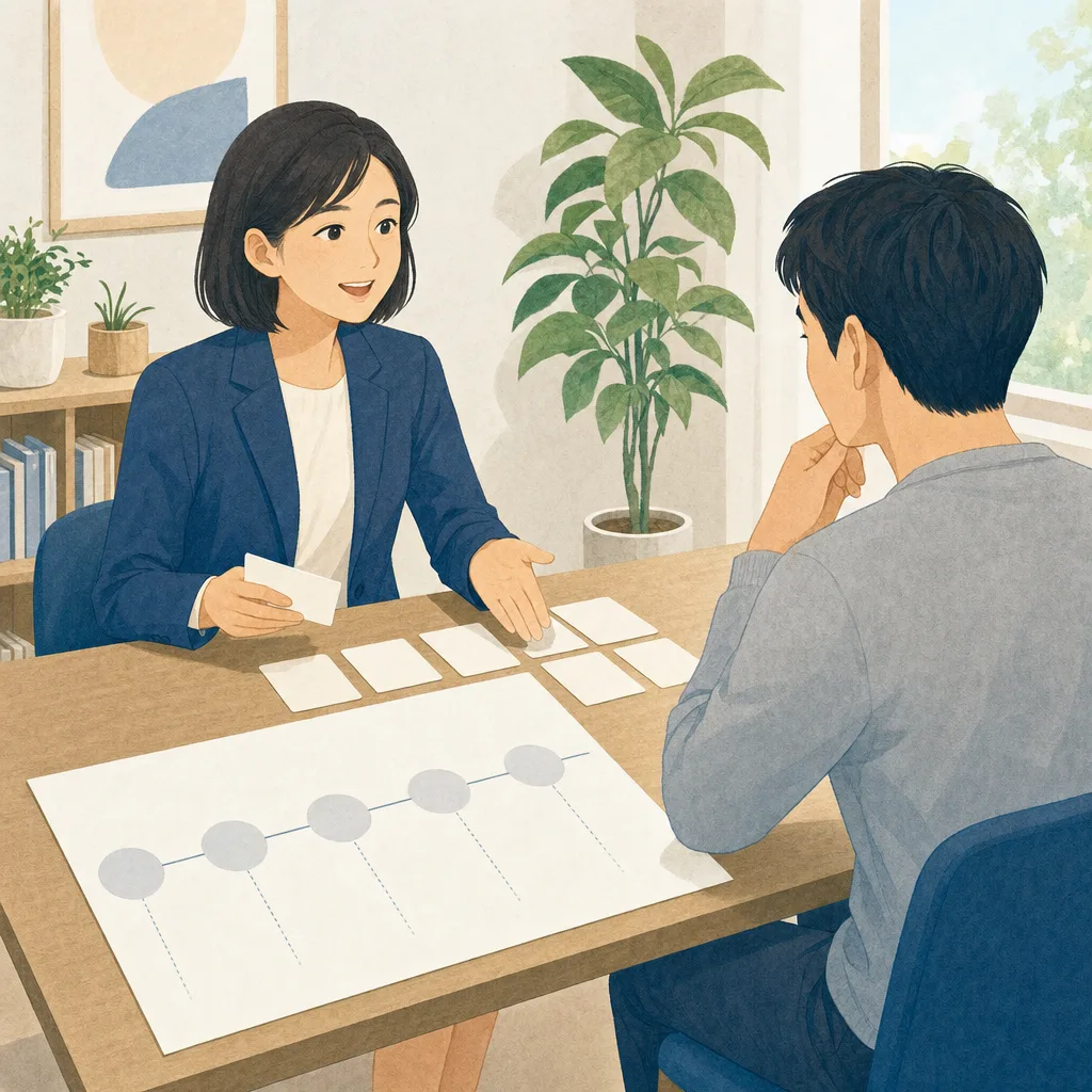 保障を説明する日本人保険担当者（編集記事向け）。保険営業、保障相談、ライフプラン、金融サービスの記事向け素材です。