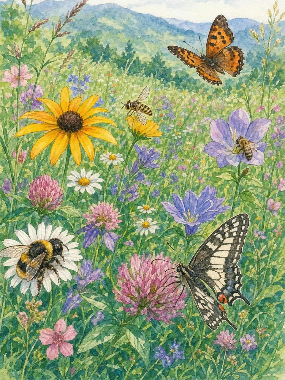花粉を運ぶ昆虫が訪れる草地（手描き水彩）。送粉者、ポリネーター、草花、生物多様性の記事や案内に使える商用素材です。