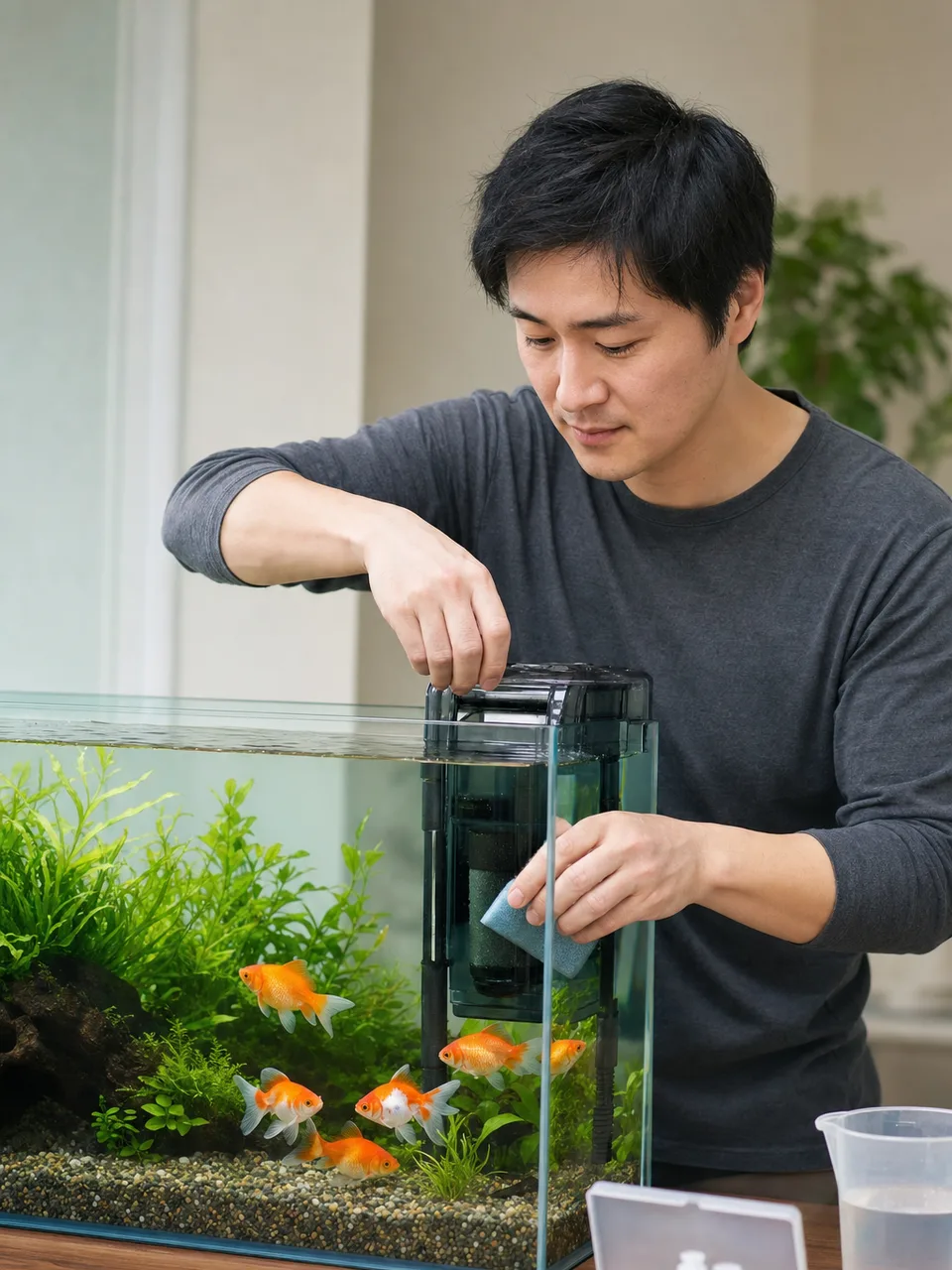 金魚の水槽を手入れする日本人（自然な縦位置写真）。金魚、アクアリウム、水槽管理、ペットの記事向け素材です。