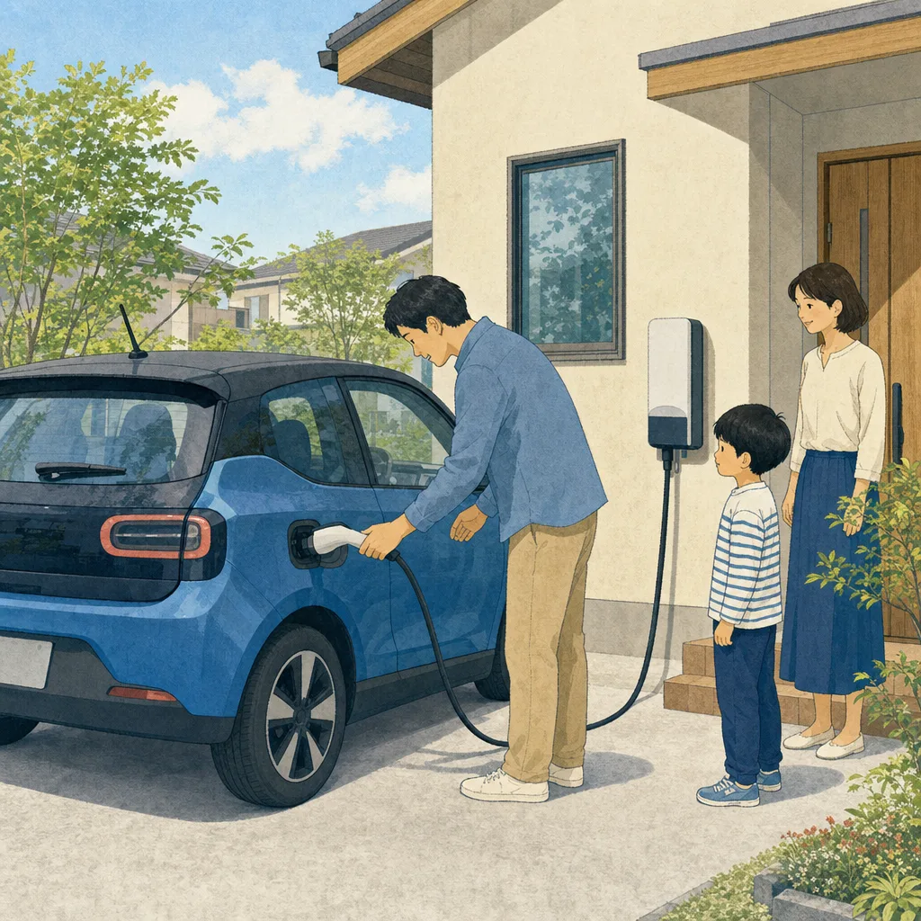 自宅で電気自動車を充電する日本人家族（編集記事向け）。電気自動車、EV充電、脱炭素、住宅設備の記事に使える素材です。