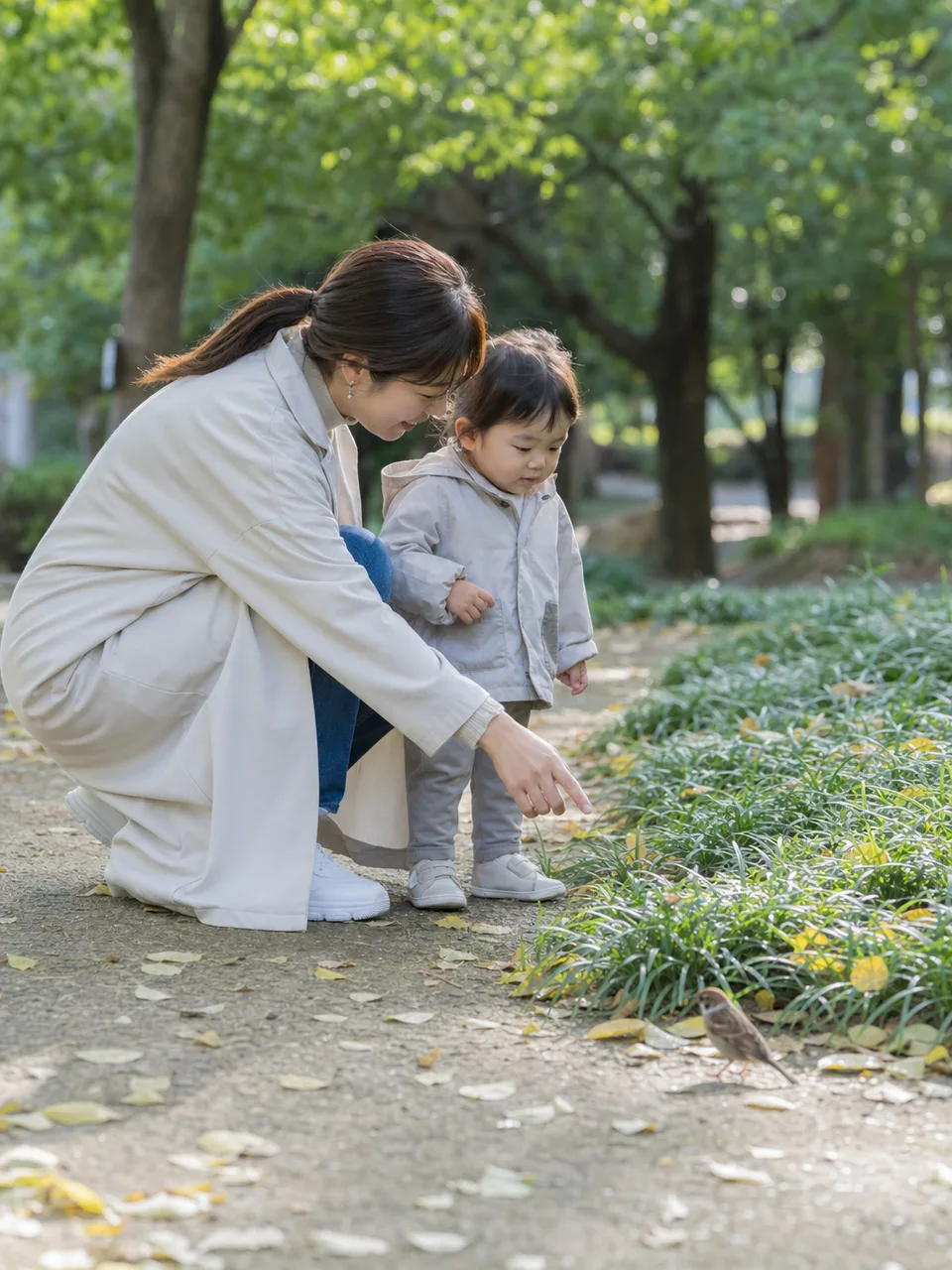 公園を散歩する日本人親子（自然な縦位置写真）。親子の公園散歩、幼児、子育て、日常の記事向け素材です。
