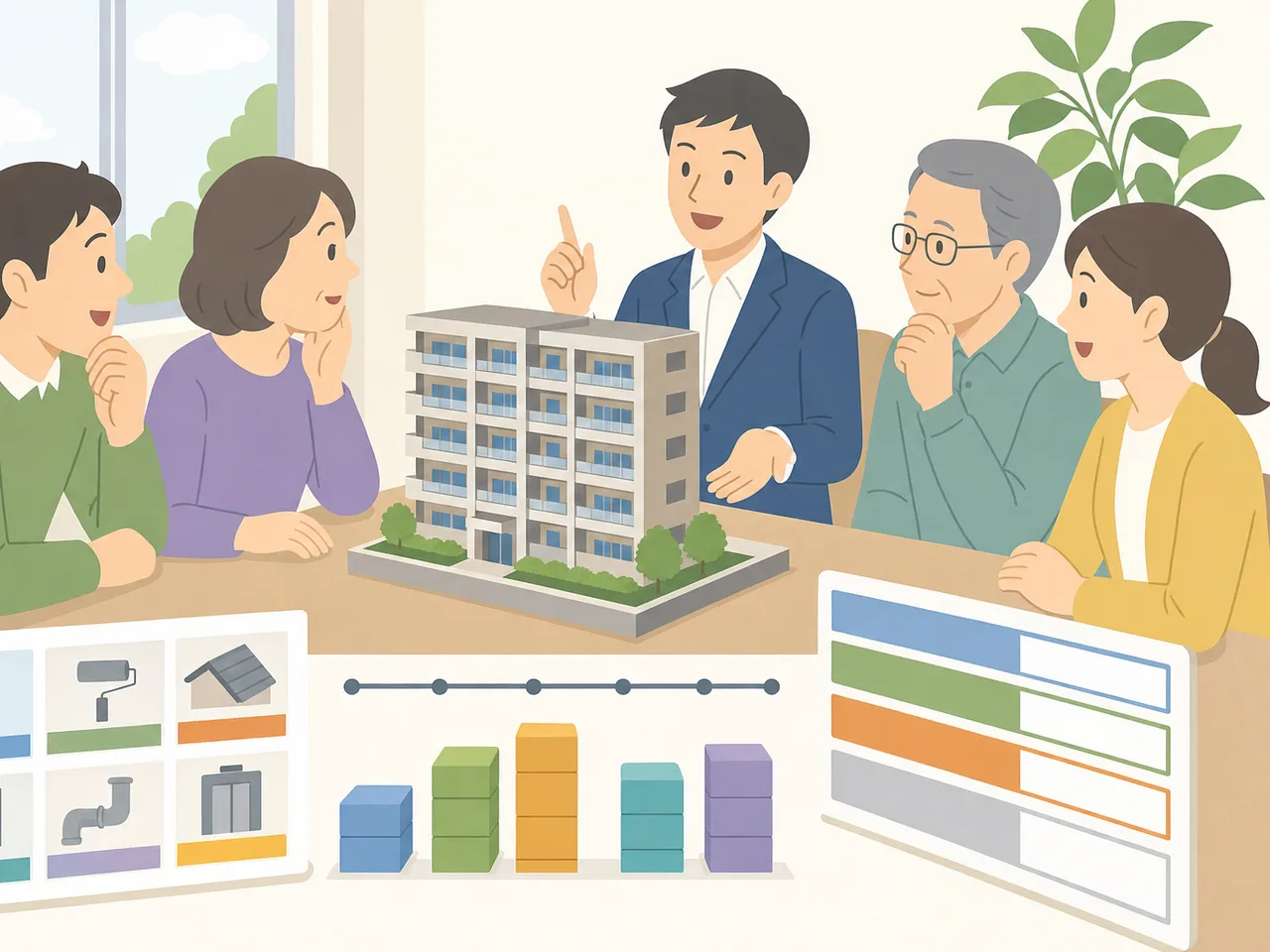 マンション修繕積立を話し合う日本人（フラットイラスト）。修繕積立金、マンション管理、大規模修繕、管理組合の記事や案内に使える商用素材です。