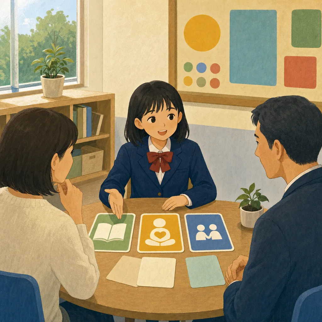 学習目標を話し合う日本人の生徒と大人（編集記事向け）。学習目標、生徒主体、三者面談、目標設定の記事や案内に使える商用素材です。