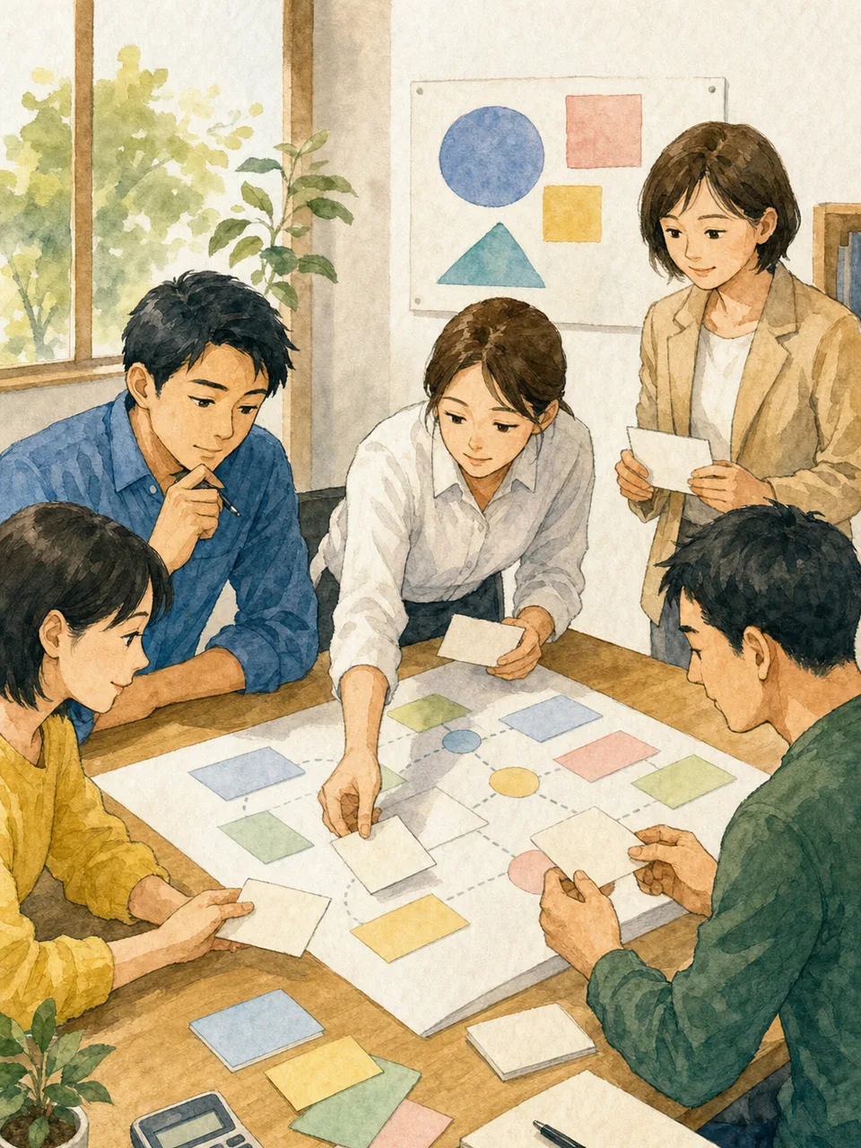 助成金申請を準備する日本人NPO（手描き水彩）。助成金申請、NPO、非営利団体、補助金の記事や案内に使える商用素材です。