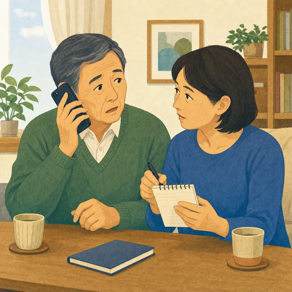 電話詐欺を家族に相談する日本人シニア（編集記事向け）。詐欺対策、防犯、家族見守り、消費者啓発に使える素材です。