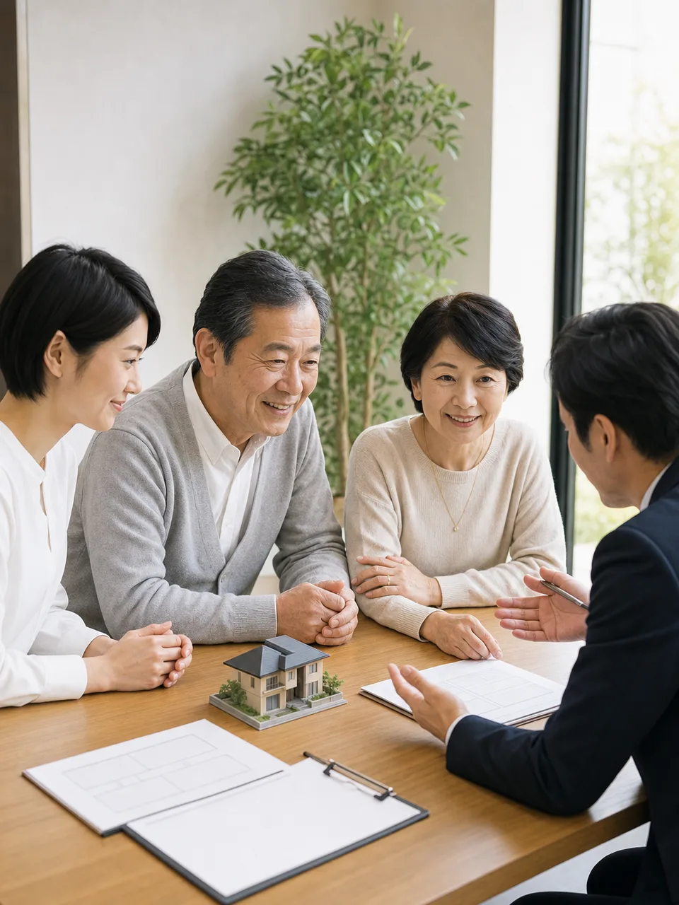 相続と資産管理を相談する日本人家族（自然な縦位置写真）。相続、終活、銀行、年金、資産相談の記事に使える家族の相談場面です。
