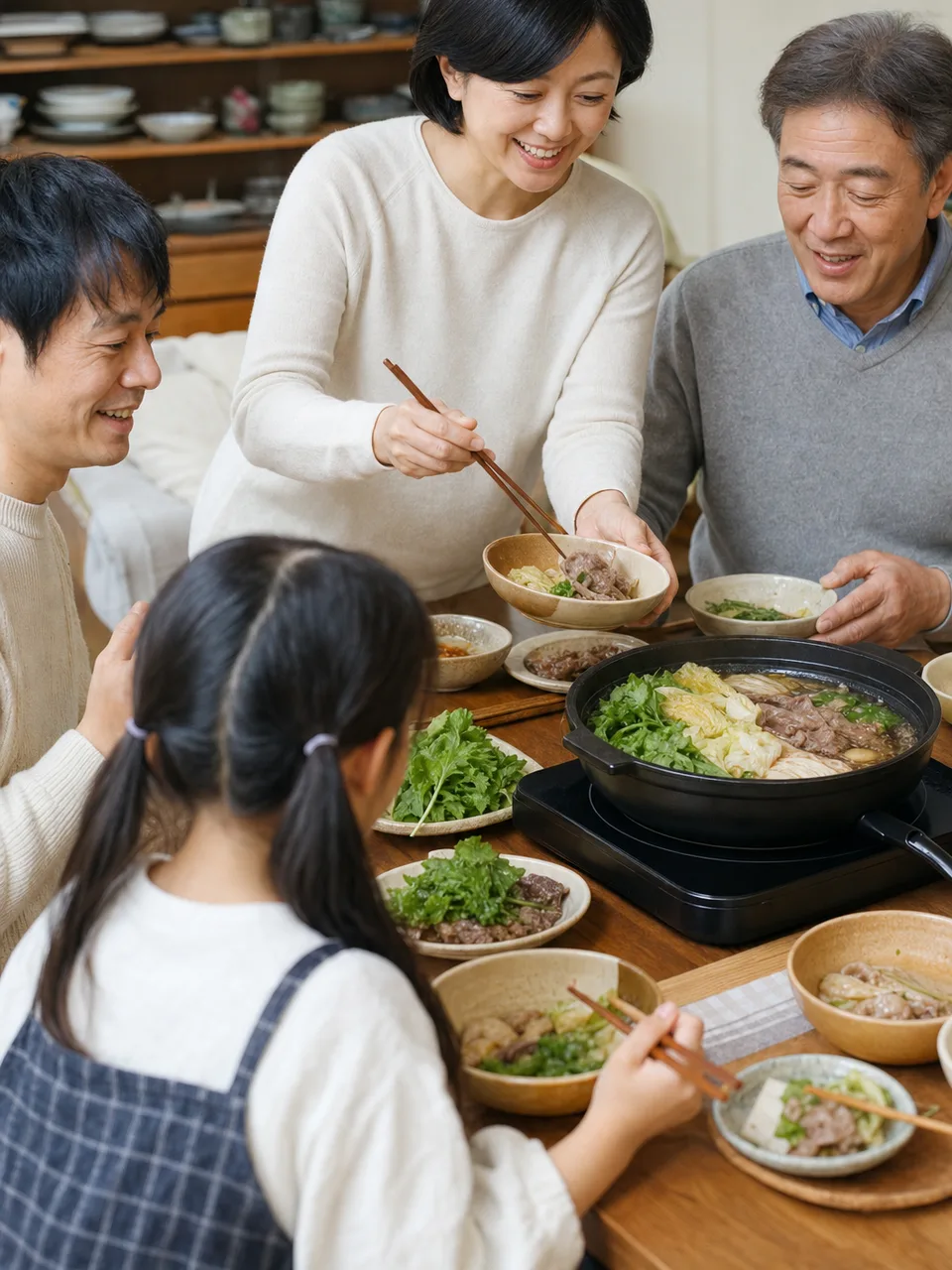 すき焼きを囲む日本人家族（自然な縦位置写真）。すき焼き、家族、鍋料理、日本の食文化の記事向け素材です。