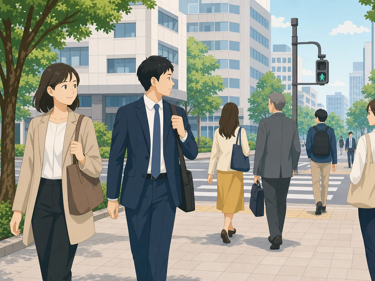 徒歩で通勤する日本人会社員（フラットイラスト）。徒歩通勤、通勤、会社員、歩くの記事や案内に使える商用素材です。