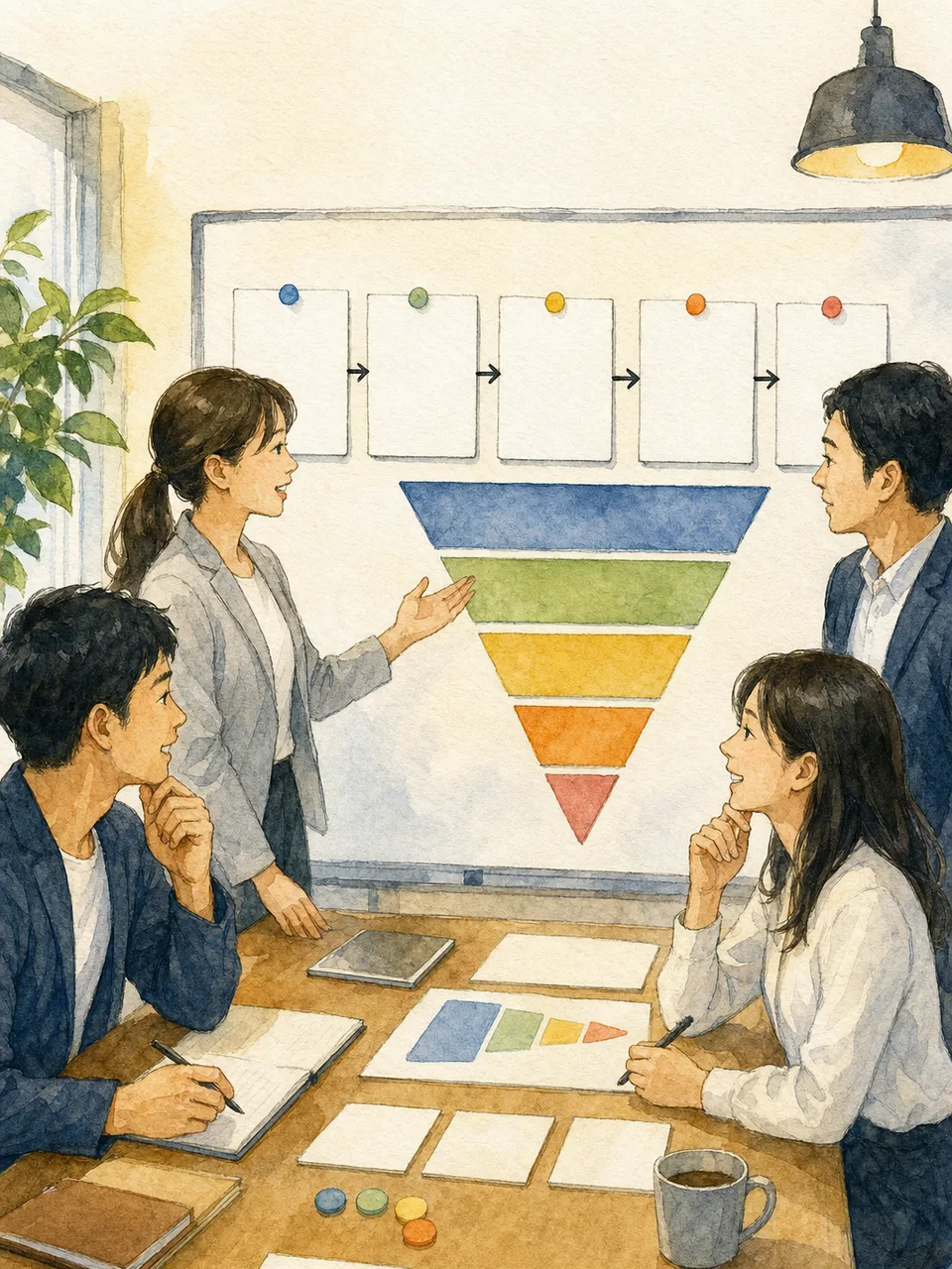 営業案件を確認する日本人チーム（手描き水彩）。営業案件管理、営業パイプライン、営業会議、営業管理の記事や案内に使える商用素材です。