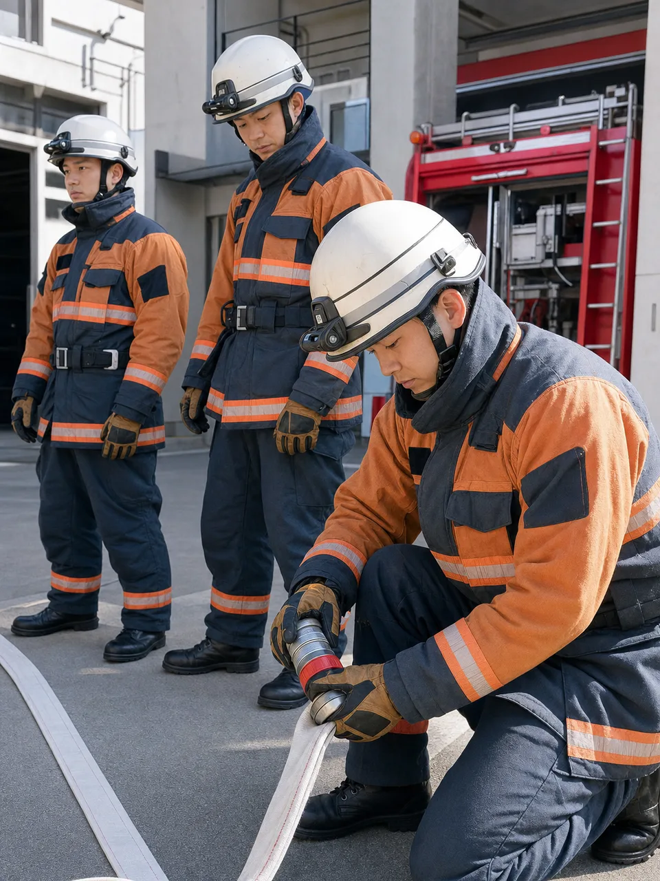 訓練に取り組む日本人消防士（自然な縦位置写真）。消防士、防災、訓練、地域安全の記事に使える仕事素材です。