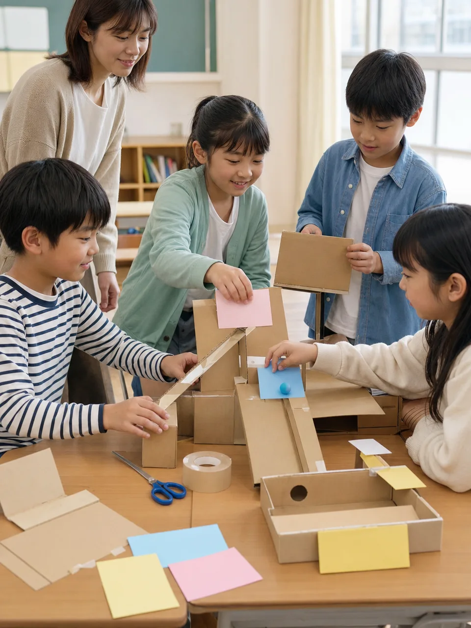 試作品を作る日本人小学生（自然な縦位置写真）。試作品づくり、デザイン思考、小学生、工作授業の記事や案内に使える商用素材です。
