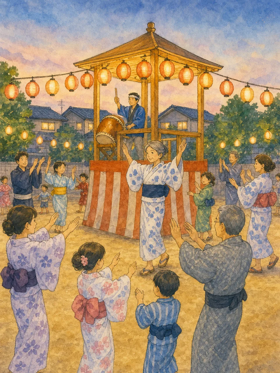 盆踊りを楽しむ日本人地域住民（手描き水彩）。地域の盆踊り、盆踊り練習、夏祭り、地域行事の記事や案内に使える商用素材です。