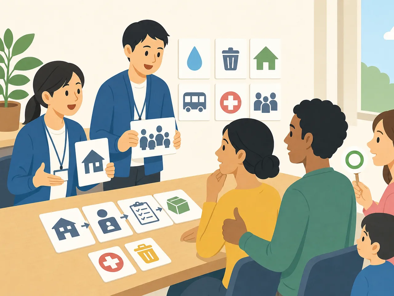 やさしい日本語を学ぶ地域の日本人（フラットイラスト）。やさしい日本語、多文化コミュニケーション、自治体研修、外国人住民の記事や案内に使える商用素材です。