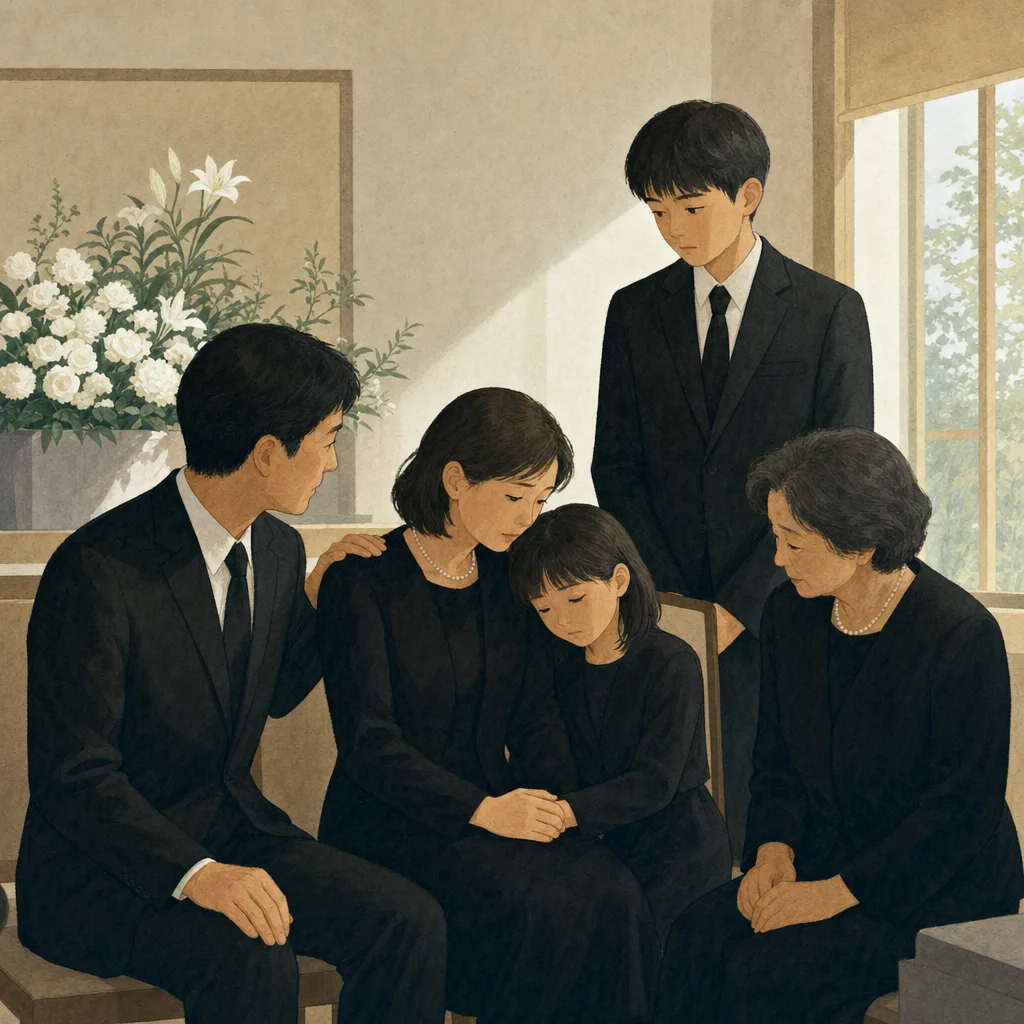 葬儀で寄り添う日本人家族（編集記事向け）。葬儀、家族、供養、葬祭サービスを静かに表現する素材です。