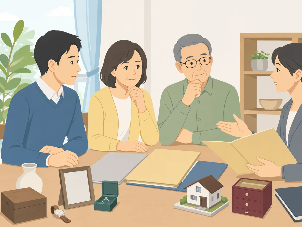 相続財産を整理する日本人家族（フラットイラスト）。相続財産、遺産整理、相続相談、家族会議の記事や案内に使える商用素材です。