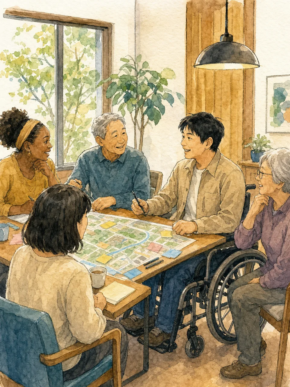 地域活動に参加する車椅子ユーザー（手描き水彩）。車椅子ユーザー、地域参加、アクセシビリティ、共生の記事向け素材です。