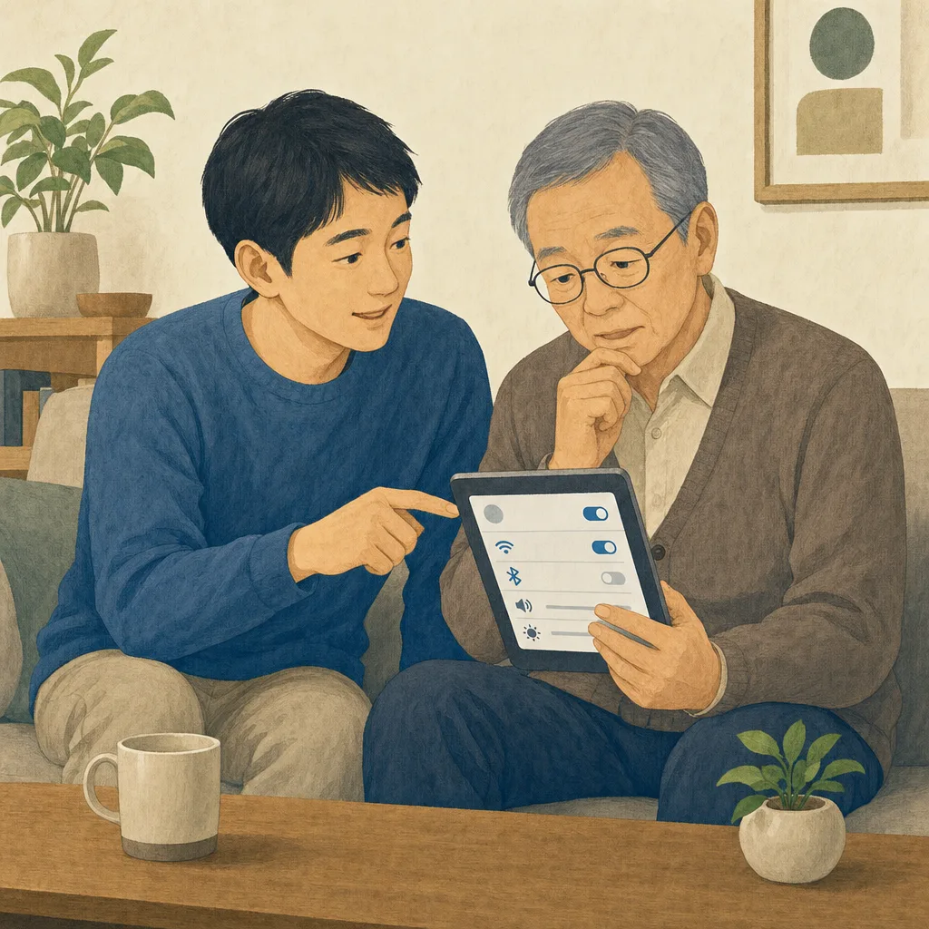 親のデジタル利用を手伝う日本人（編集記事向け）。親のスマホ支援、デジタル支援、親子、高齢者の記事や案内に使える商用素材です。