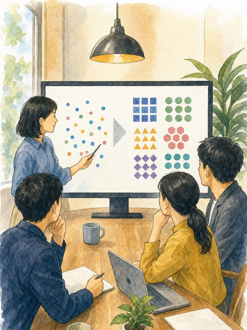 データ匿名化を確認する日本人チーム（手描き水彩）。データ匿名化、個人情報、データ保護、仮名加工の記事や案内に使える商用素材です。