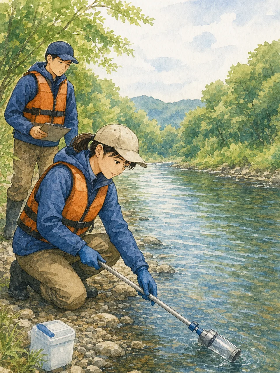 川の水質を調べる日本人調査員（手描き水彩）。河川水質調査、水質検査、環境調査、川の記事や案内に使える商用素材です。