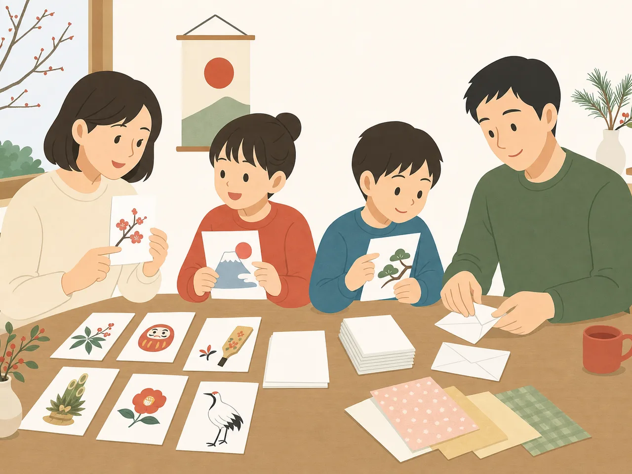 年賀状を準備する日本人家族（フラットイラスト）。年賀状、年末、挨拶、家族行事の記事向け素材です。