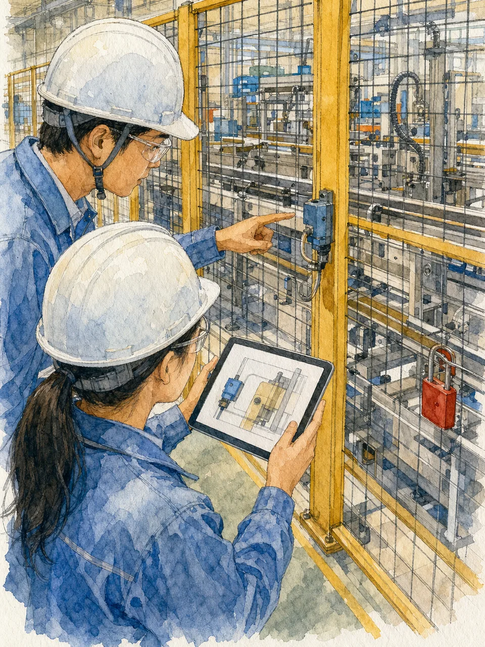 工場IoTを活用する日本人技術者（手描き水彩）。工場IoT、スマートファクトリー、センサー、製造業向け素材です。