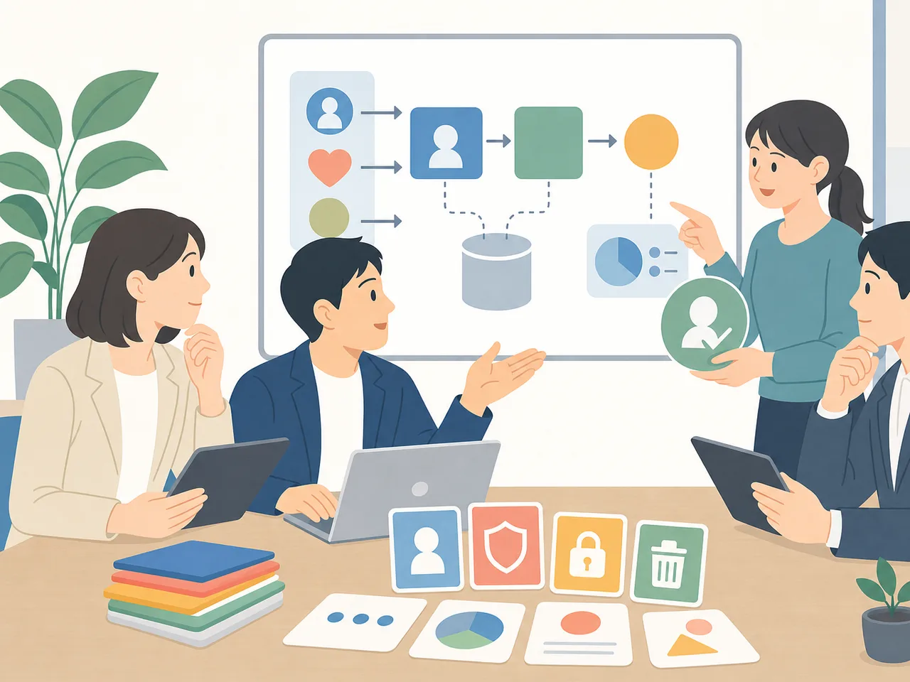 プライバシー影響評価をする日本人（フラットイラスト）。プライバシー影響評価、PIA、個人情報保護、データ保護の記事や案内に使える商用素材です。