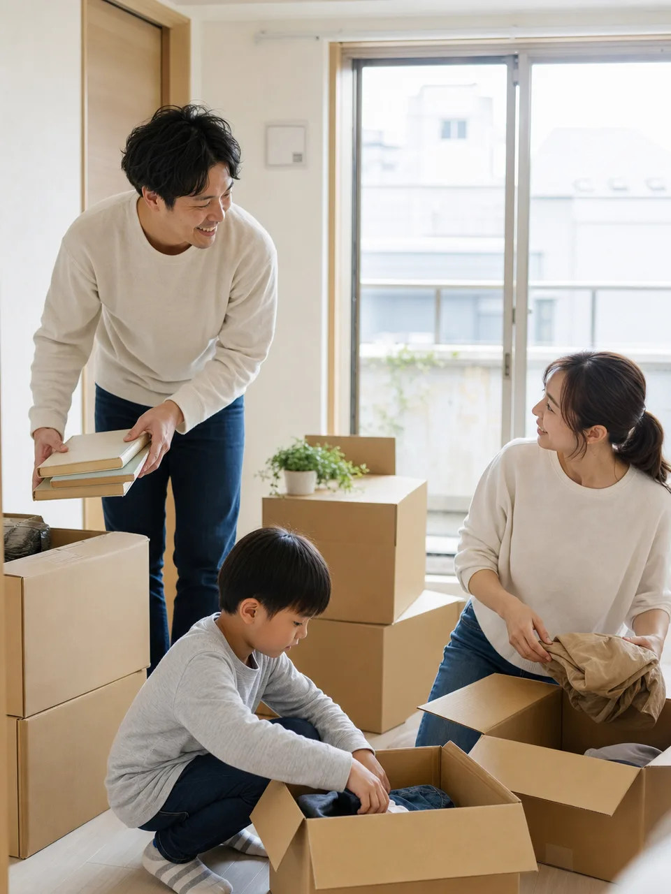 新居へ引っ越す日本人家族（自然な縦位置写真）。不動産、引っ越し、新生活、住宅サービスの案内に使える家族素材です。