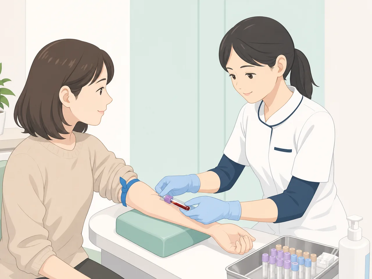 採血を受ける日本人患者（フラットイラスト）。採血、血液検査、健康診断、看護の記事向け素材です。