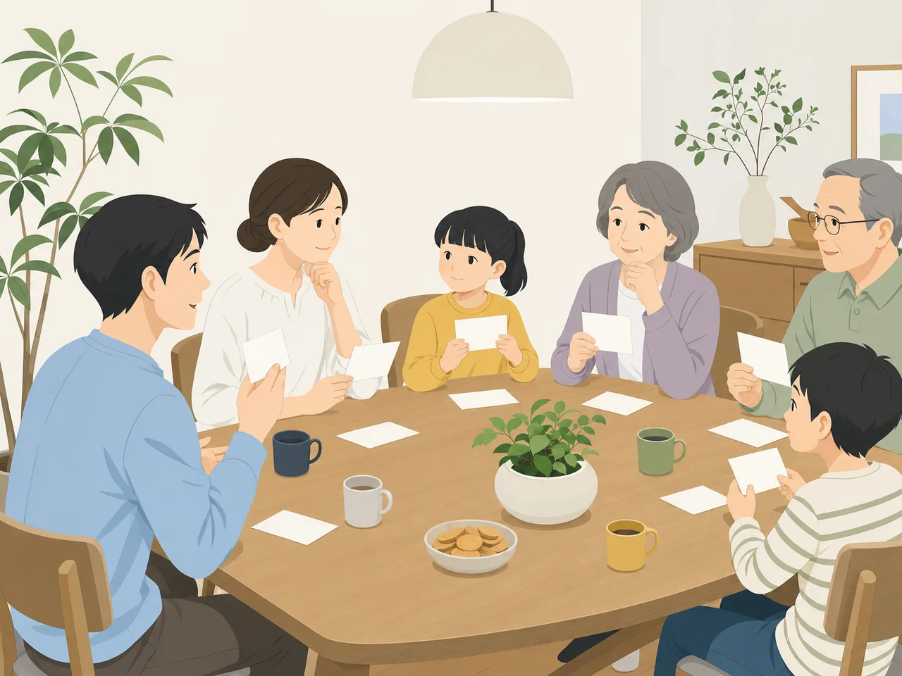 大切なことを話し合う日本人家族（フラットイラスト）。家族会議、話し合い、意思決定、家庭の記事向け素材です。