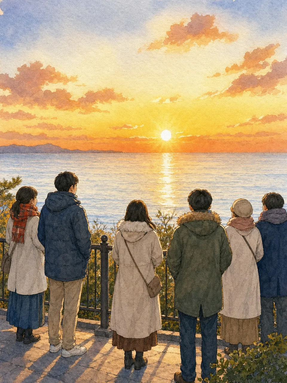初日の出を眺める日本人（手描き水彩）。初日の出、正月、新年、冬の行事の記事や案内に使える商用素材です。