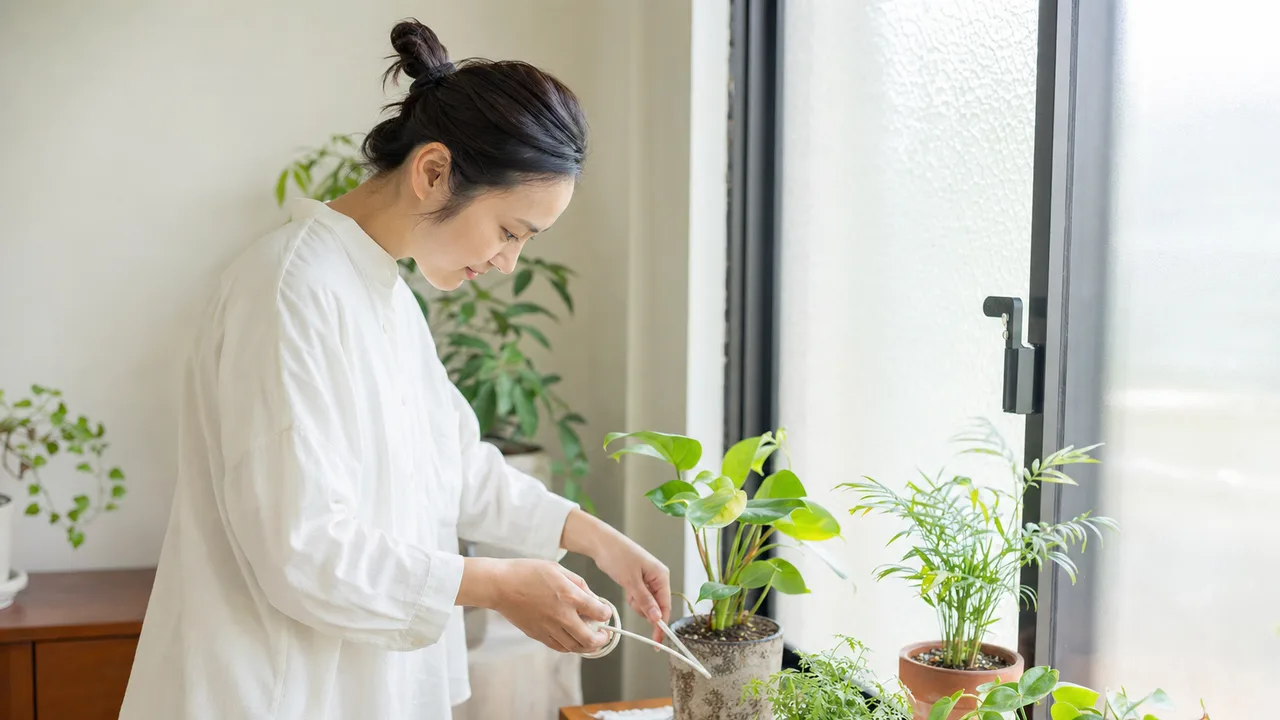 観葉植物を手入れする日本人（横長・コピースペース）。観葉植物の手入れ、室内園芸、暮らし、趣味の記事向け素材です。