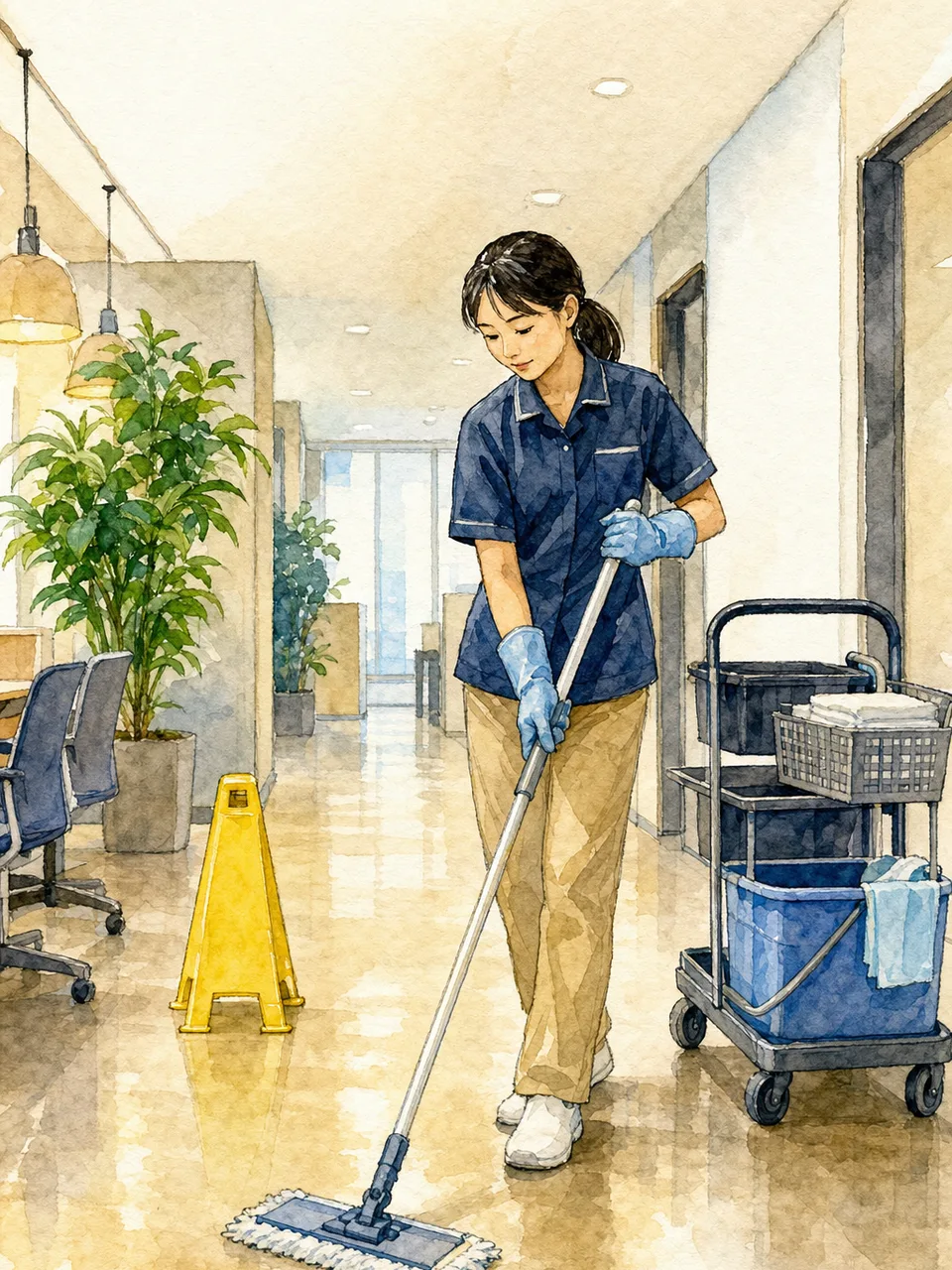 施設を清掃する日本人スタッフ（手描き水彩）。清掃スタッフ、ビル管理、衛生、施設運営の記事向け素材です。