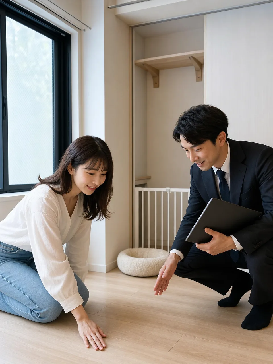 ペット可賃貸を内見する日本人（自然な縦位置写真）。ペット可賃貸、賃貸内見、ペット住宅、部屋探しの記事や案内に使える商用素材です。