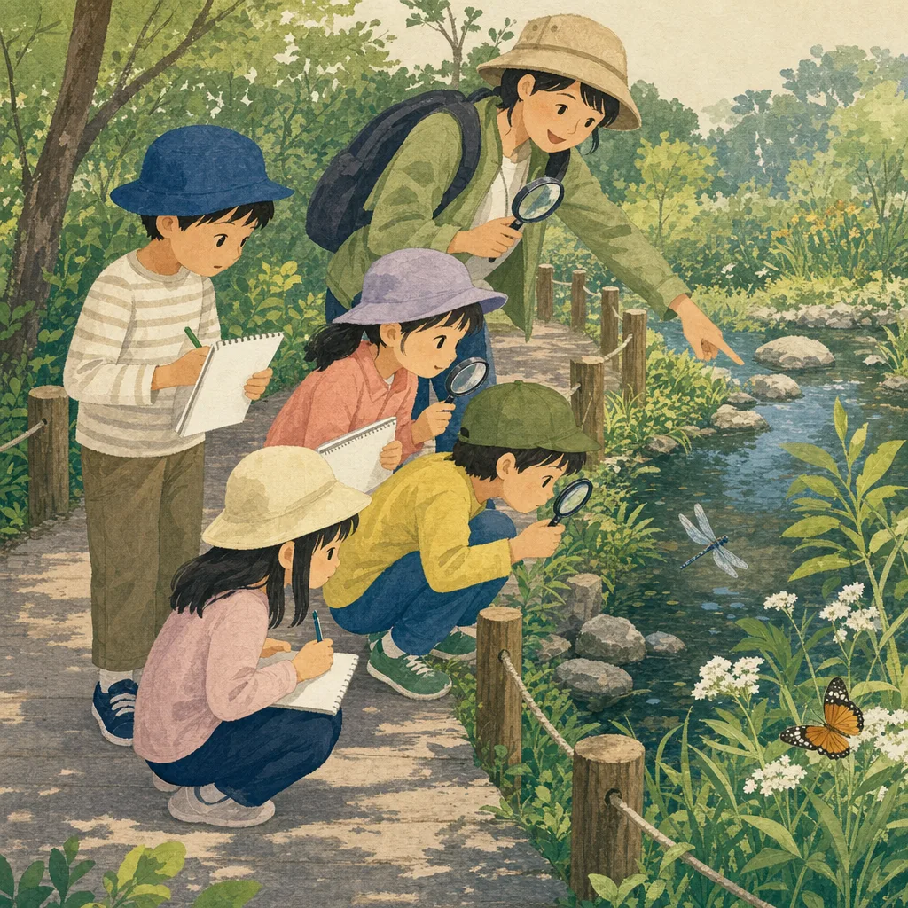 自然を観察する日本人の子ども（編集記事向け）。子どもの自然観察、観察路での環境学習、環境教育、自然観察の記事や案内に使える商用素材です。
