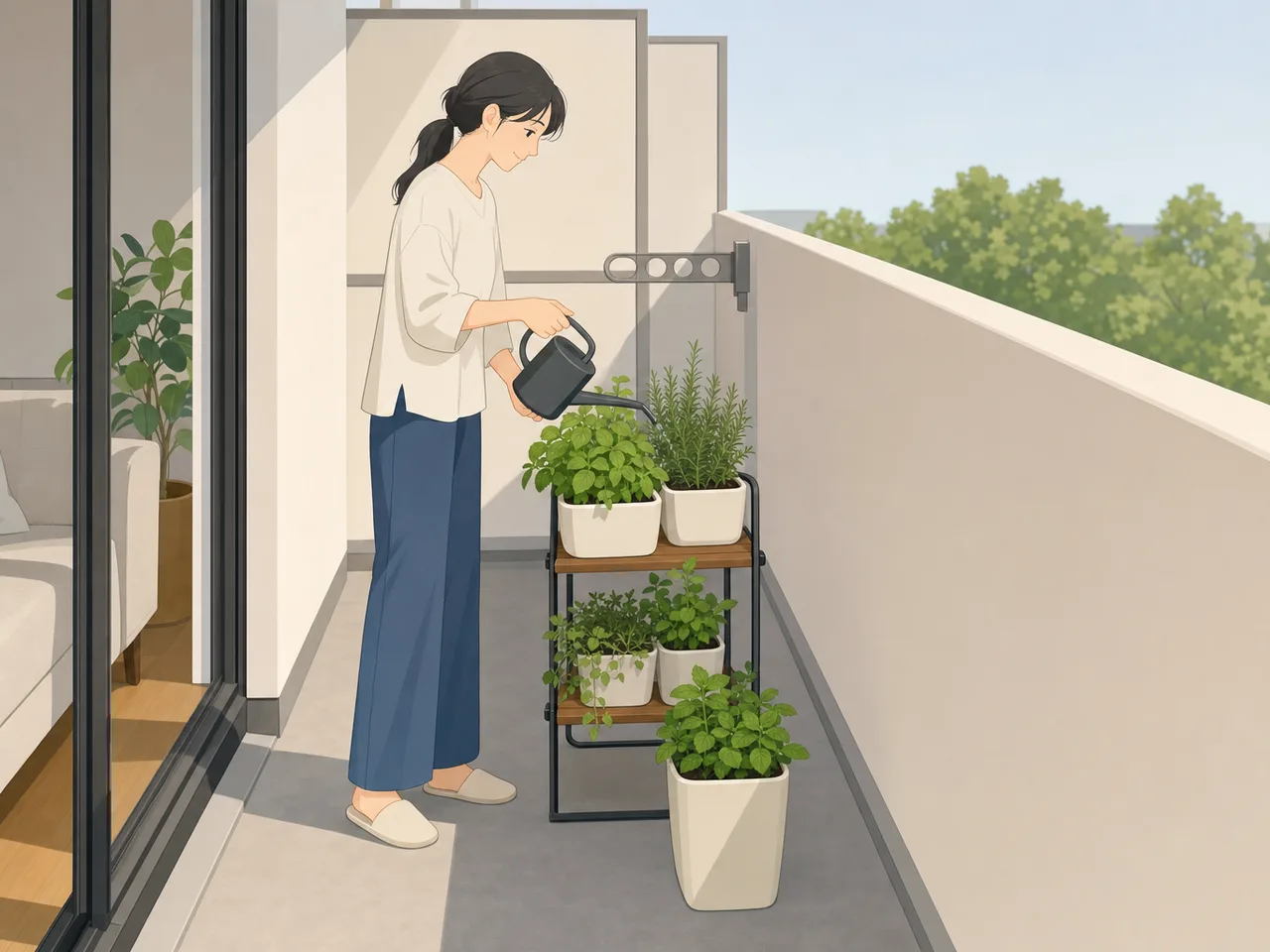 ベランダガーデニングを楽しむ日本人（フラットイラスト）。ベランダガーデニング、鉢植え、家庭菜園、住まいの記事向け素材です。