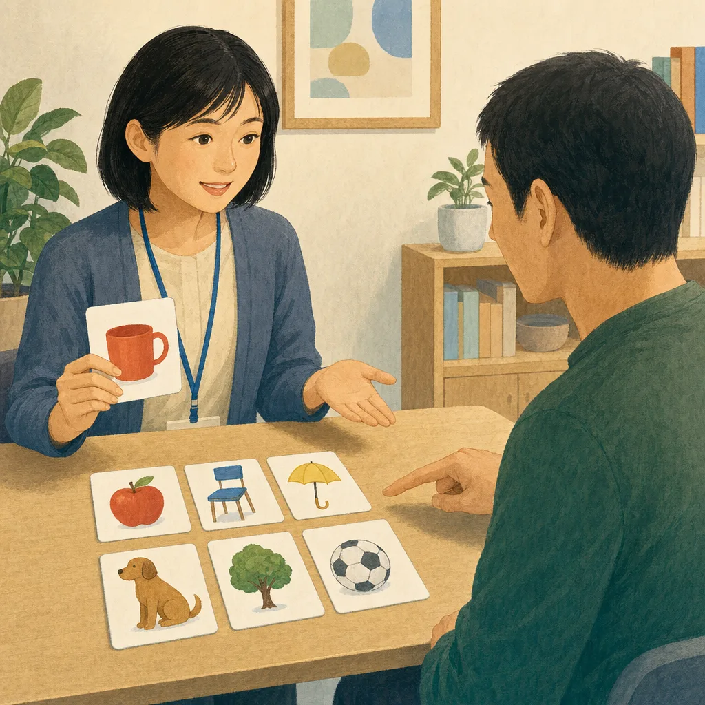 会話を支援する日本人言語聴覚士（編集記事向け）。言語聴覚士、コミュニケーション支援、リハビリの記事向け素材です。