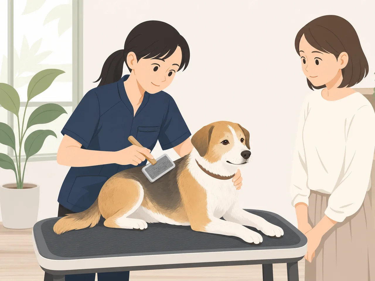 犬を手入れする日本人トリマー（フラットイラスト）。トリマー、ペットサロン、犬、動物ケアの記事向け素材です。