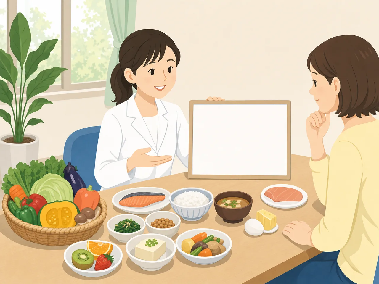 食生活を支援する日本人栄養士（フラットイラスト）。栄養士、食事相談、健康づくり、生活習慣の記事向け素材です。