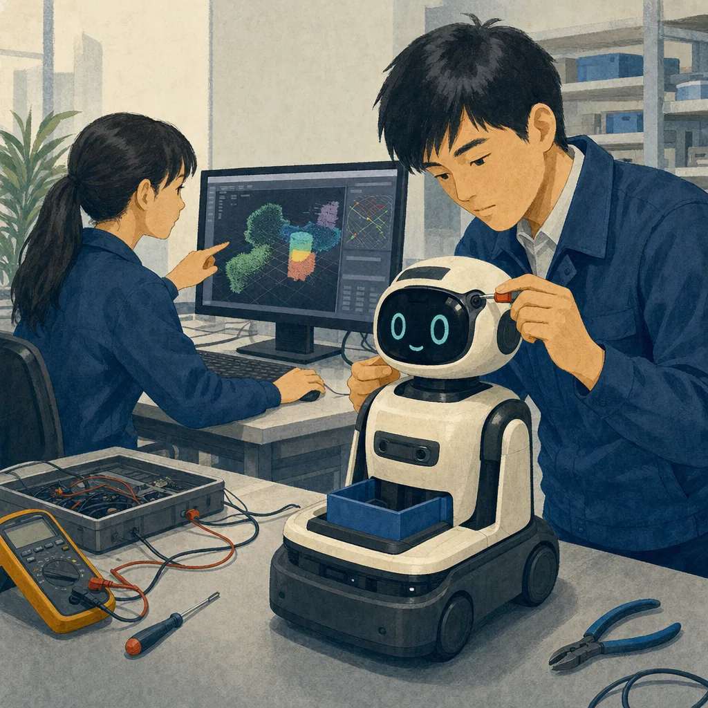 AIロボットを開発する日本人エンジニア（編集記事向け）。人工知能、ロボット、研究開発、DXの記事に使える技術素材です。