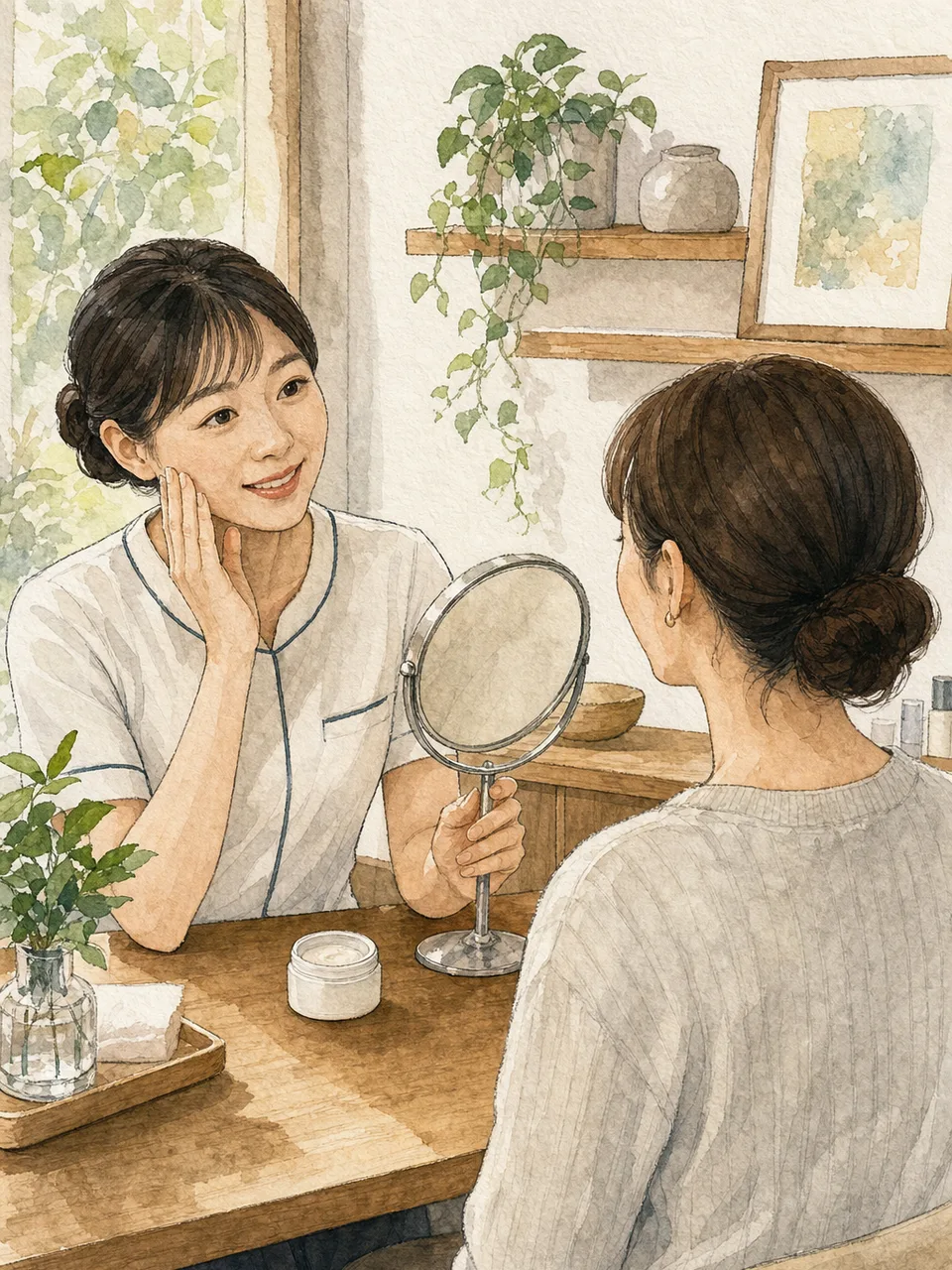 肌の相談を受ける日本人エステティシャン（手描き水彩）。エステティシャン、エステサロン、美容相談の記事向け素材です。