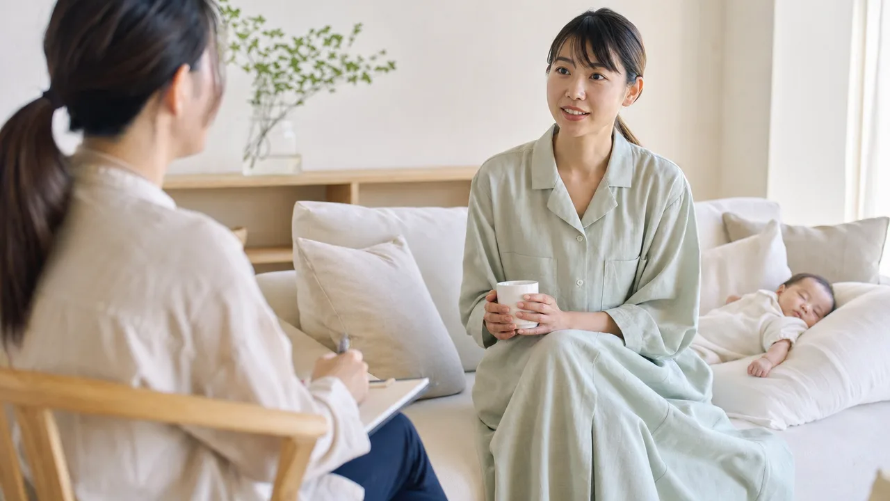 産後健診を受ける日本人の母親（横長・コピースペース）。産後健診、産後ケア、母親支援、助産師の記事や案内に使える商用素材です。
