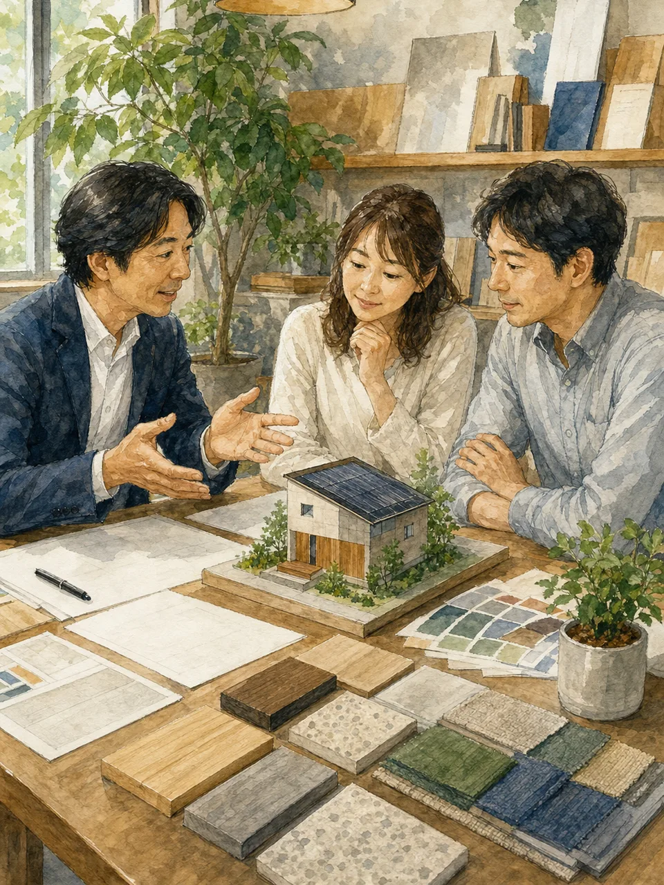 住まいを提案する日本人建築士（手描き水彩）。建築士、住宅設計、家づくり、設計相談の記事向け素材です。