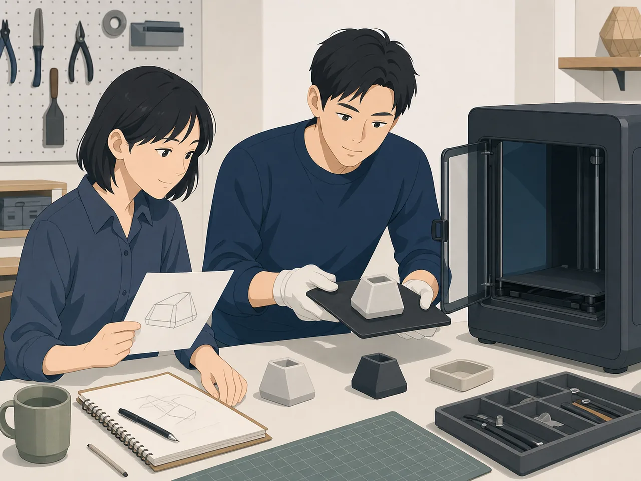 3Dプリンターで試作する日本人技術者（フラットイラスト）。3Dプリンター、試作、ものづくり、設計の記事向け素材です。