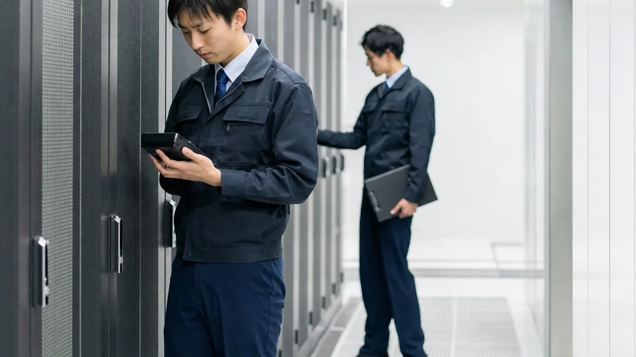 データセンターを点検する日本人技術者（横長・コピースペース）。データセンター、サーバー、ITインフラ、保守の記事向け素材です。